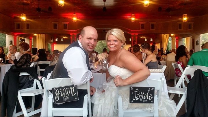 Bride and groom seated together at their wedding reception